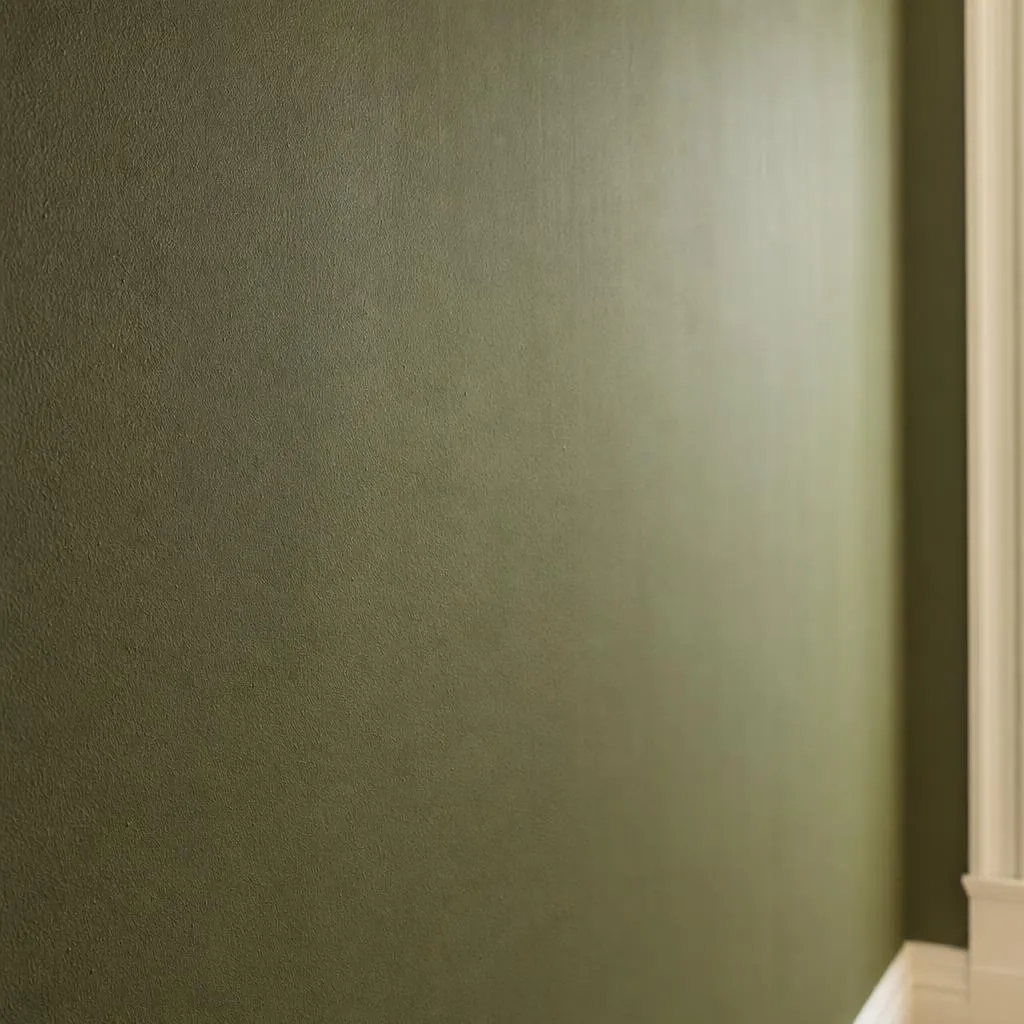 Close-up of an olive-painted wall viewed at an elegant angle in soft natural light