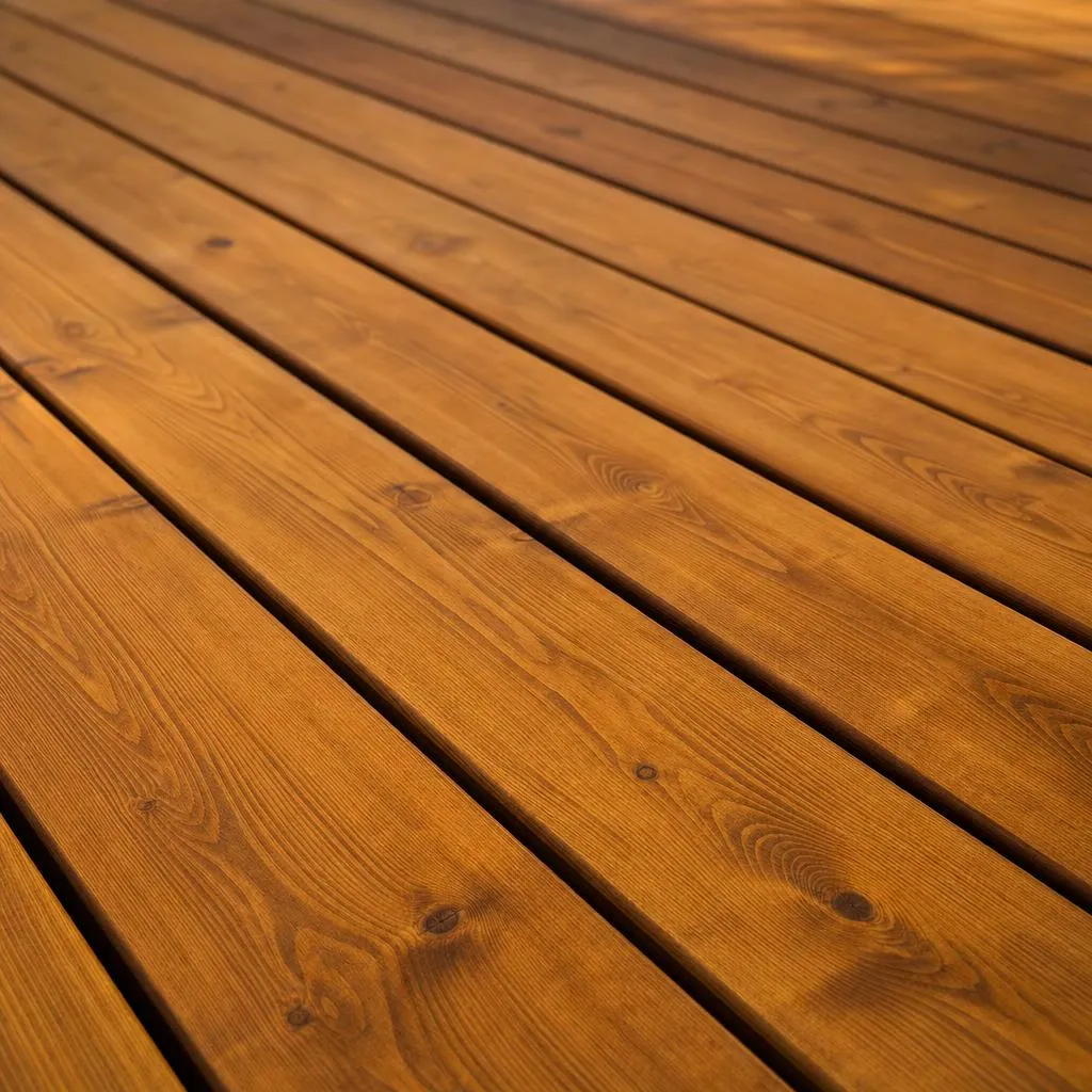 Close-up of deck boards with a warm honey-colored stain finish